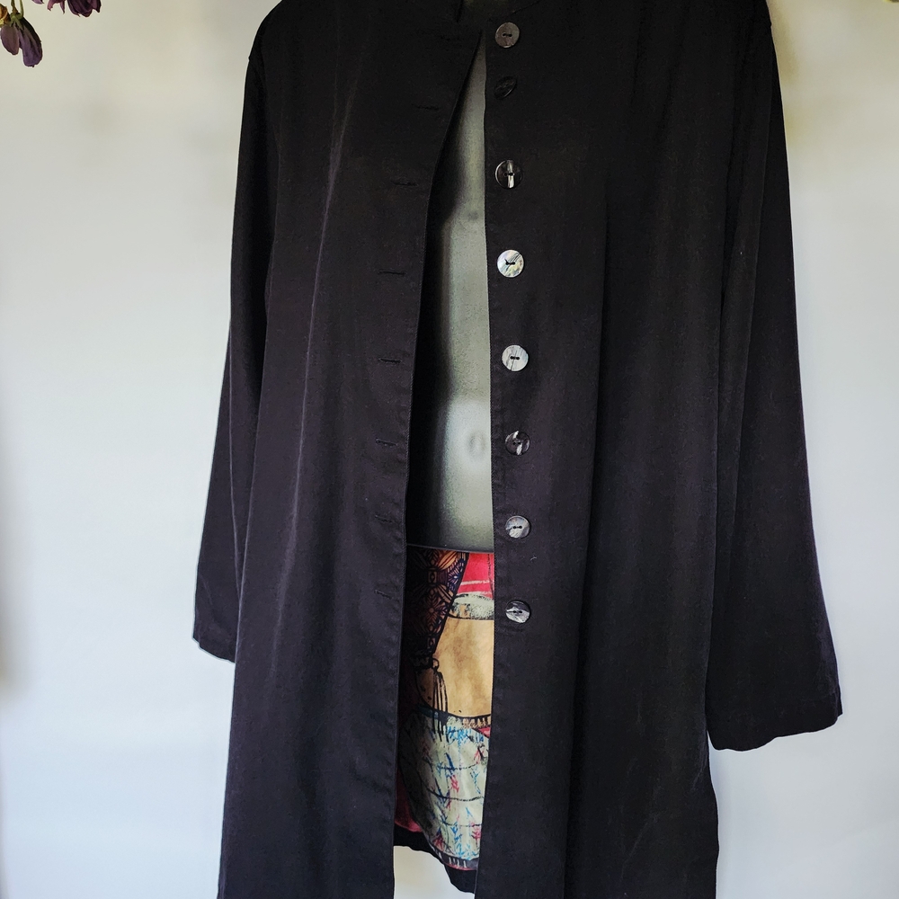 Chico's Design Size 2 Black‎ Button-Up Trench Coat 100% Silk Lantern Pattern